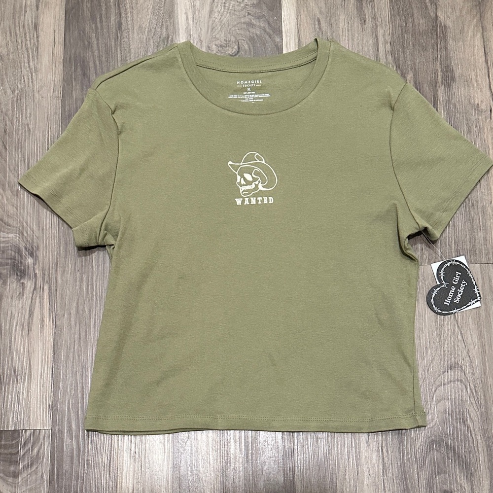 👕 Home Girl Society “Wanted” Skull Cowboy Graphic Tee - Olive Green Western Y2K